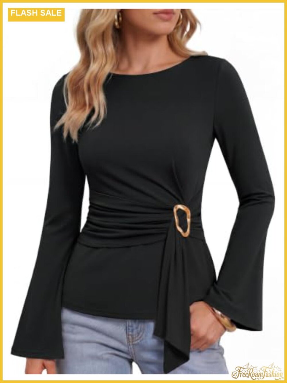 Women's Long Sleeve Tie Waist Knit Blouse Bell Sleeve Ruched Top
